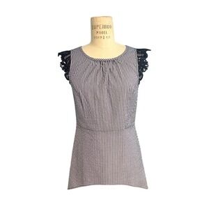 NWT Seersucker Stripe Navy White Lace Cap Sleeves Top Coastal Blouse Size XS